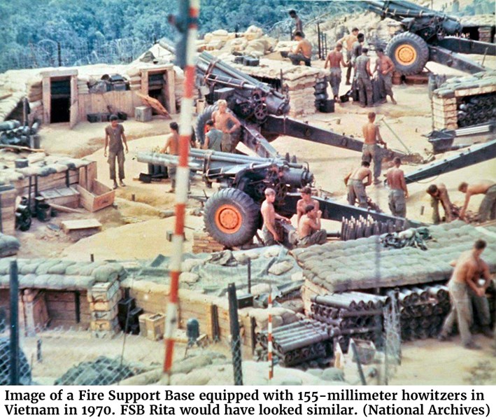 Image of a Fire Support Base equipped with 155-millimeter howitzers in Vietnam in 1970. FSB Rita would have looked similar. (National Archives)